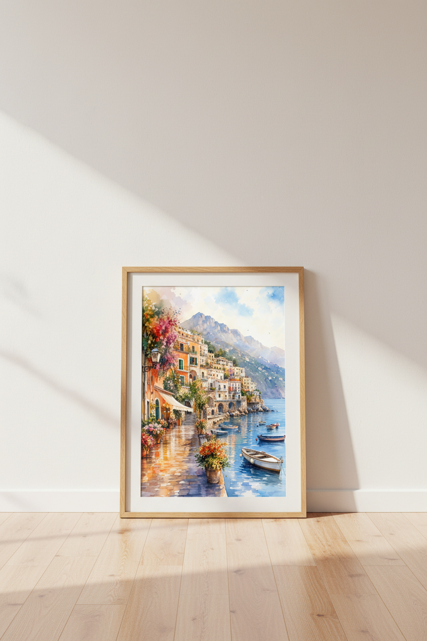 Amalfi Coast Italy Watercolor Wall Art | Mediterranean Coastal Decor | Positano Poster