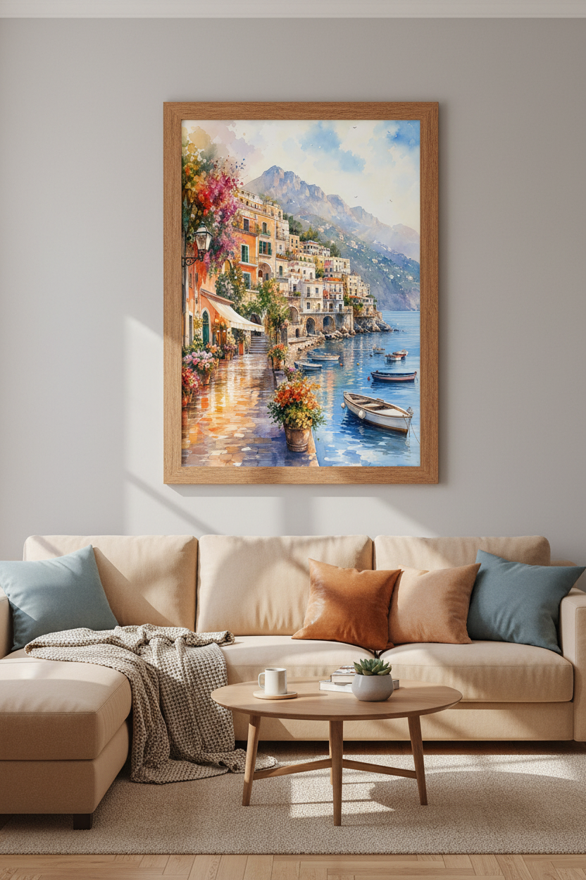 Amalfi Coast Italy Watercolor Wall Art | Mediterranean Coastal Decor | Positano Poster