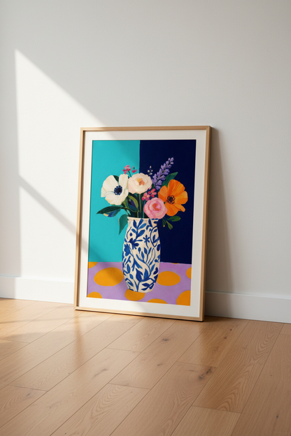Floral wall art | Bold bouquet in teal &amp; navy | Living Room Poster