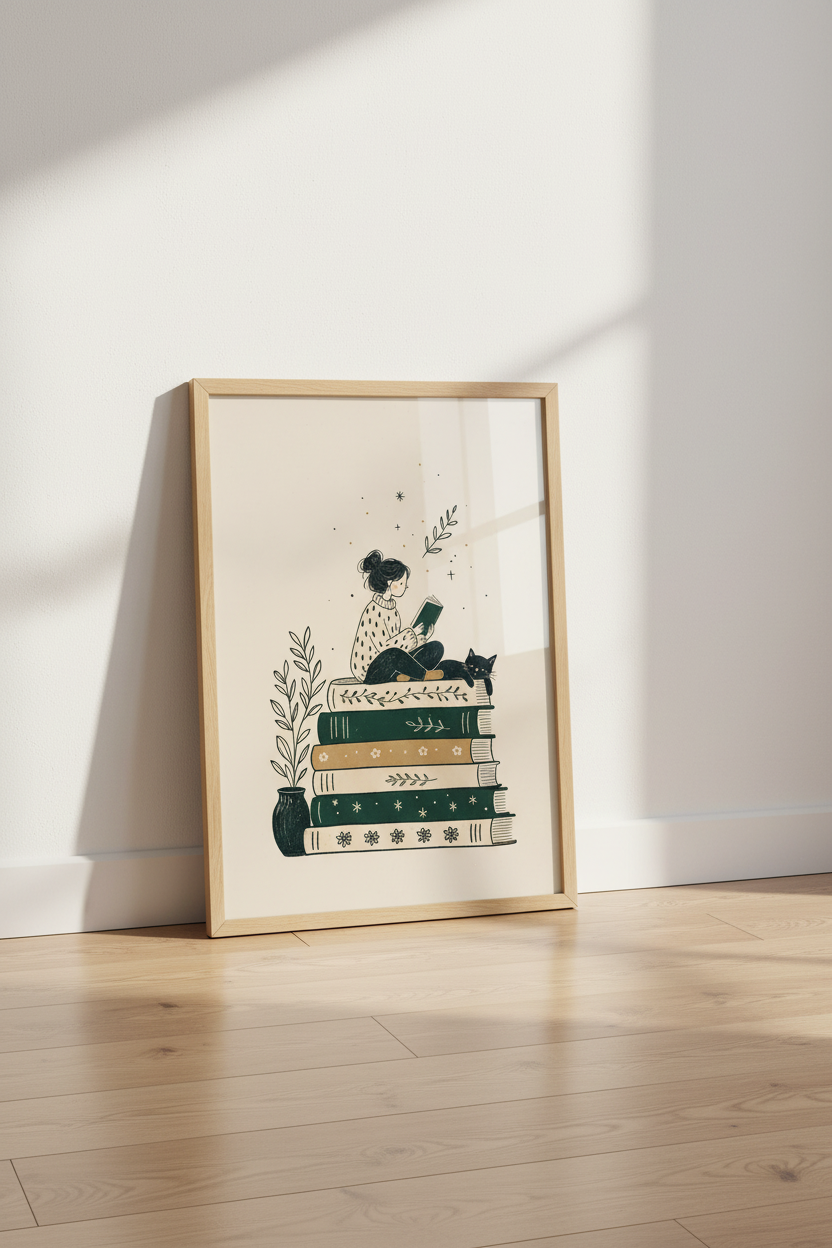 Girl Reading on Books Wall Art | Cozy Cat &amp; Book Lover Poster, Library Decor