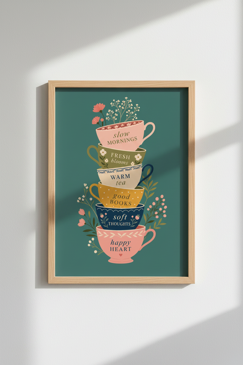 Cozy Botanical Wall Art Print | Tea &amp; Book Lover Gift | Cottagecore Poster