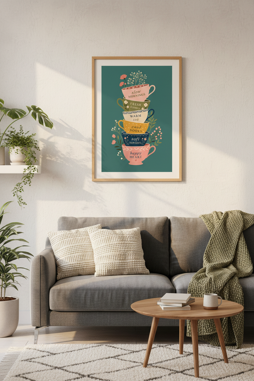 Cozy Botanical Wall Art Print | Tea &amp; Book Lover Gift | Cottagecore Poster