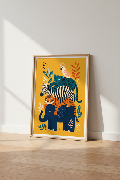 Jungle Animal Stack Wall Art | Nursery Decor | Colorful Safari Poster