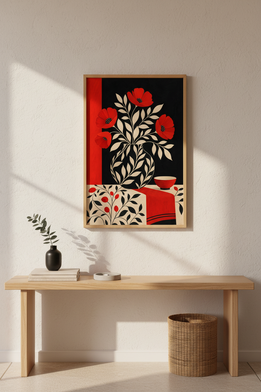 Red Poppy Wall Art | Bold Crimson-Black Palette, Living Space Decor