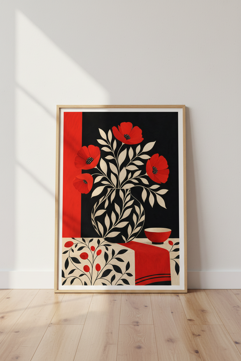 Red Poppy Wall Art | Bold Crimson-Black Palette, Living Space Decor