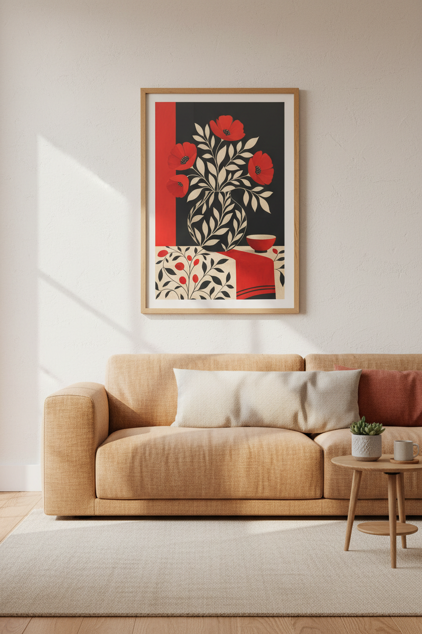 Red Poppy Wall Art | Bold Crimson-Black Palette, Living Space Decor