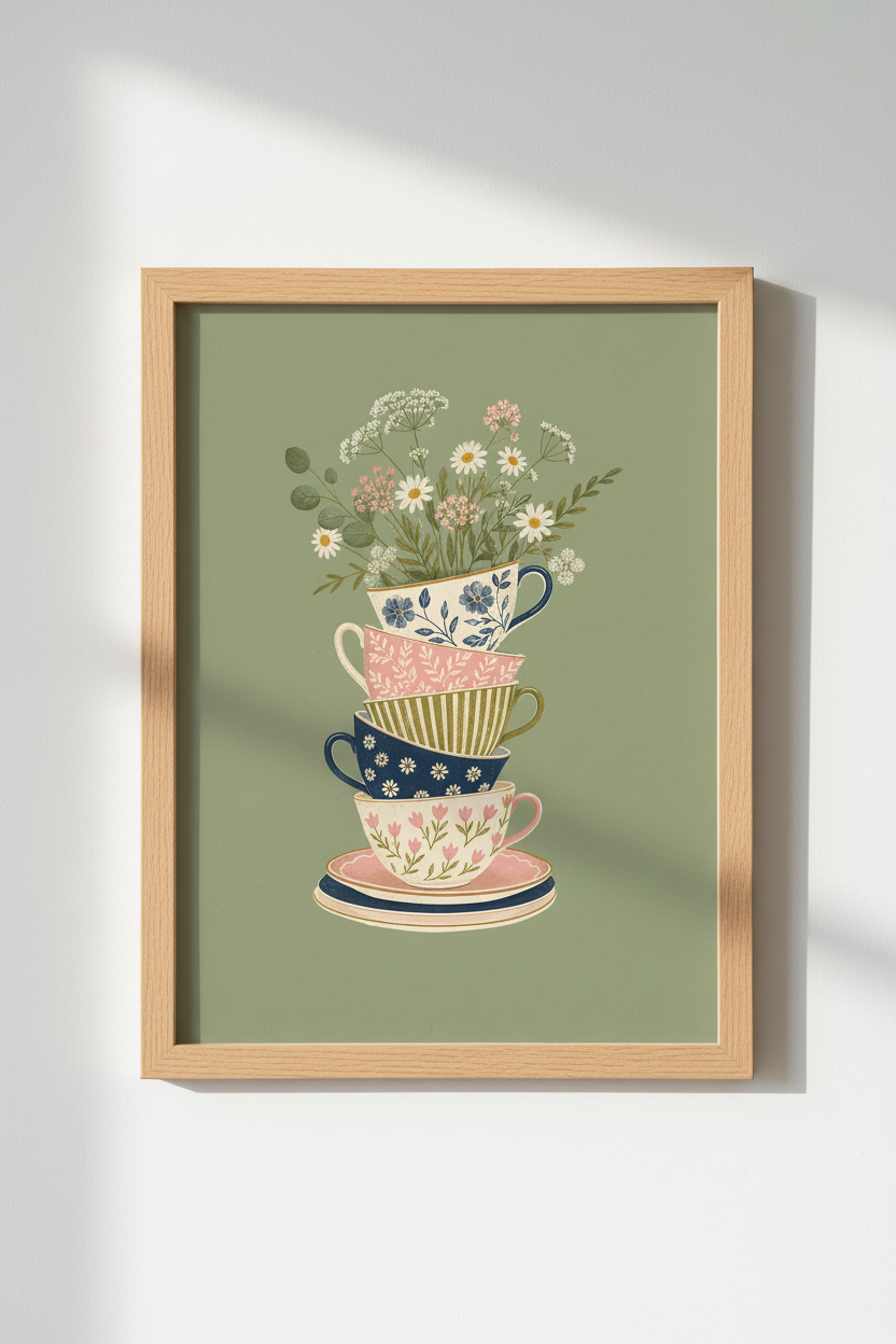 Cottagecore Teacup Art Print | Vintage Floral Kitchen Decor | Sage Green Poster