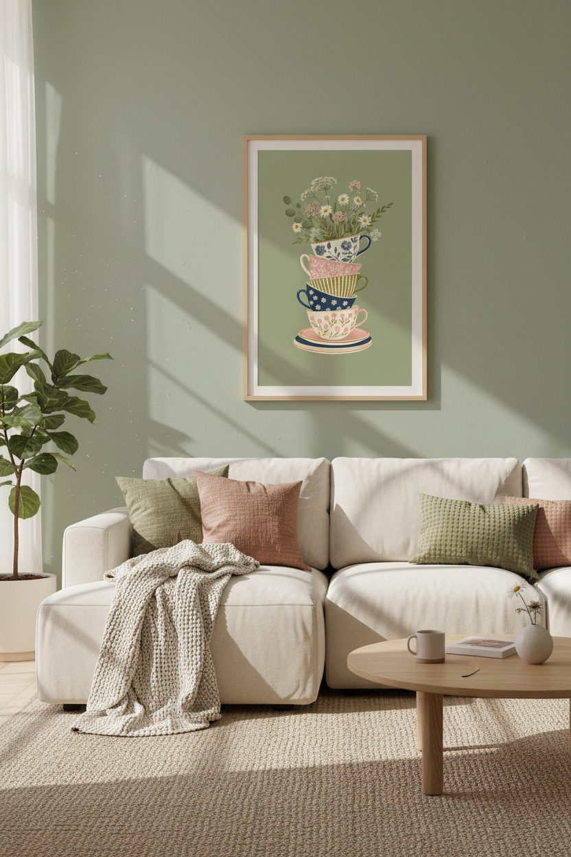 Cottagecore Teacup Art Print | Vintage Floral Kitchen Decor | Sage Green Poster