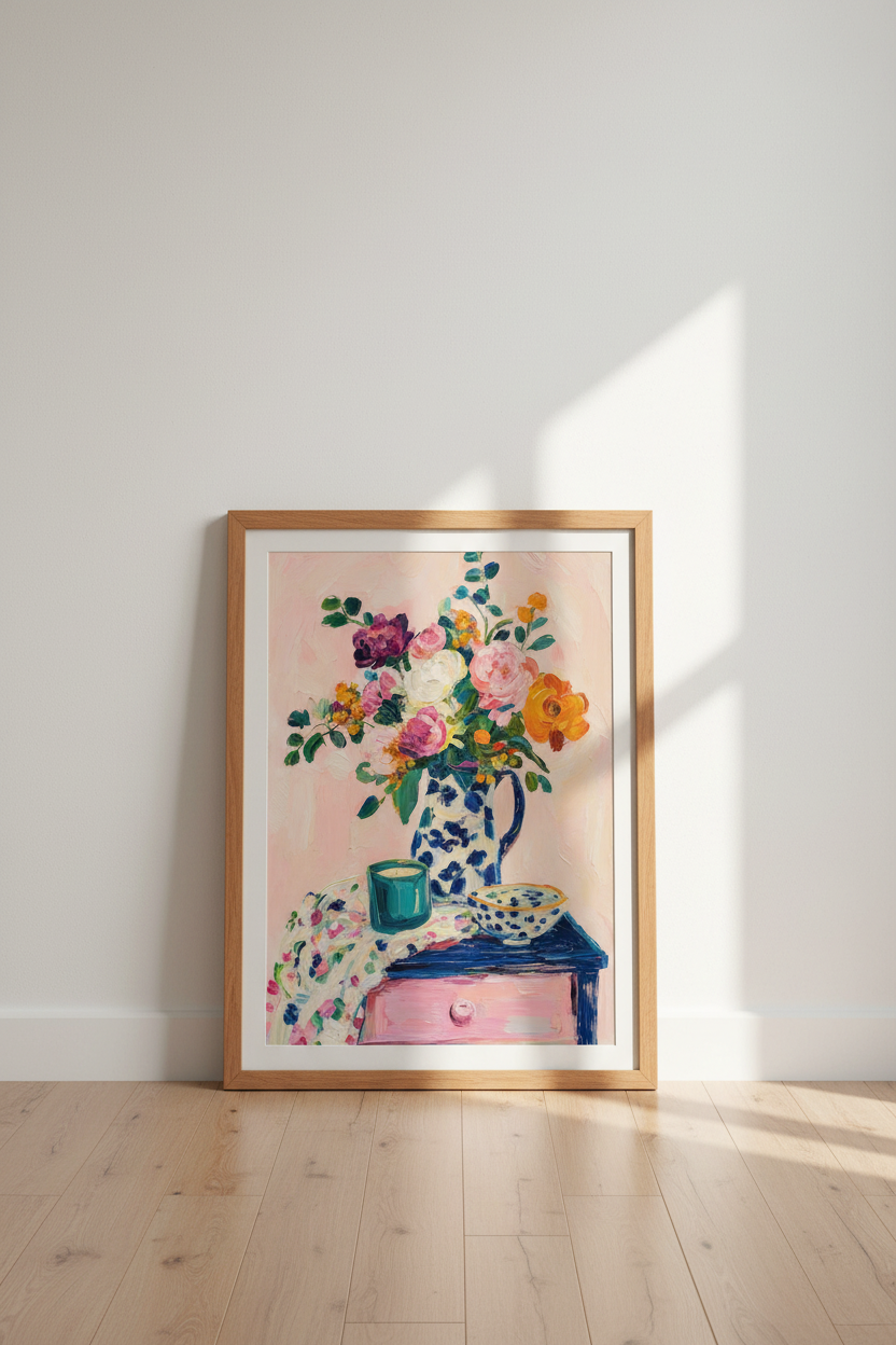 Impasto Floral Still Life Art | Blue and White Pitcher, Pink Maximalist Bedroom Decor