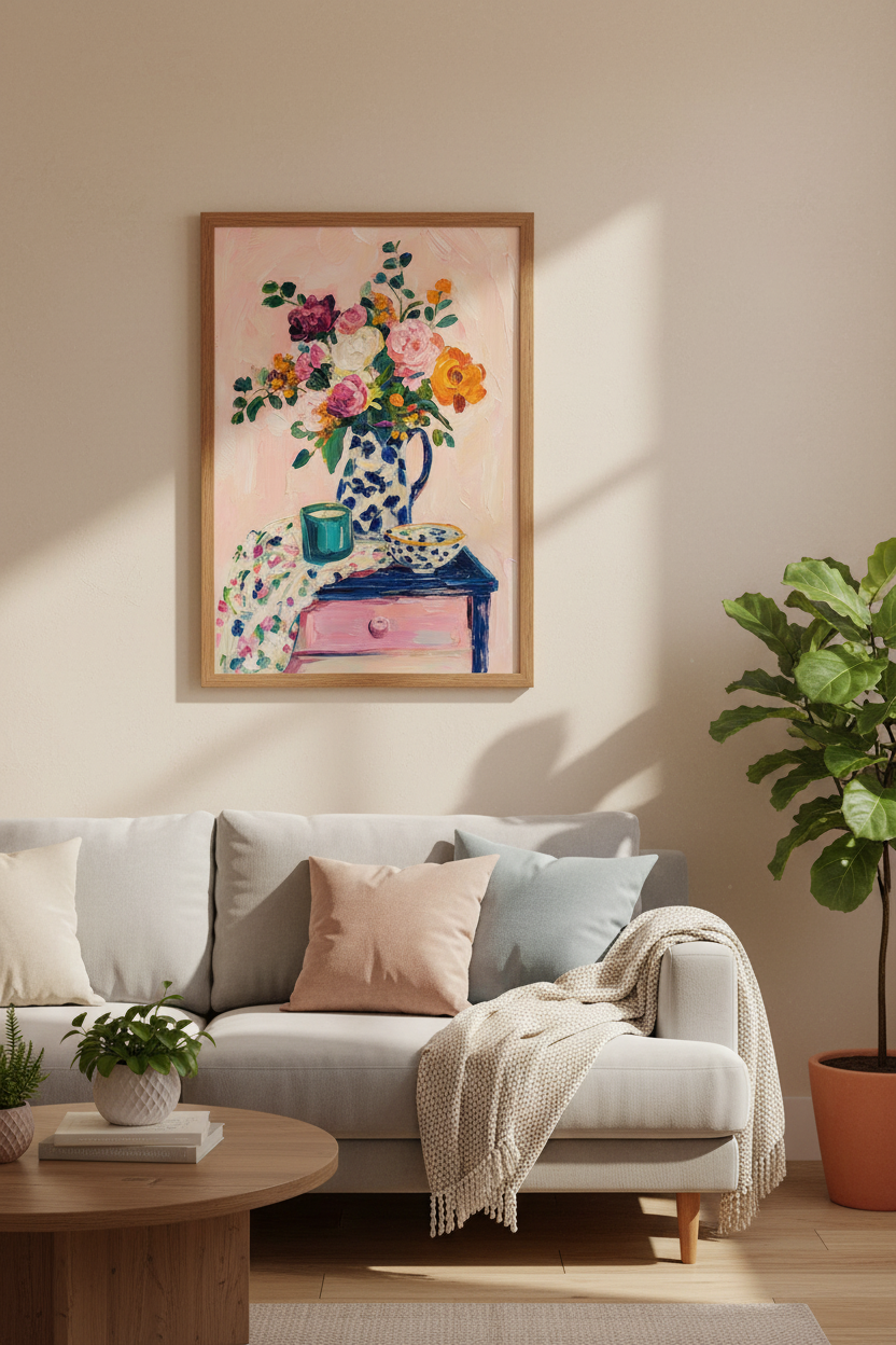 Impasto Floral Still Life Art | Blue and White Pitcher, Pink Maximalist Bedroom Decor