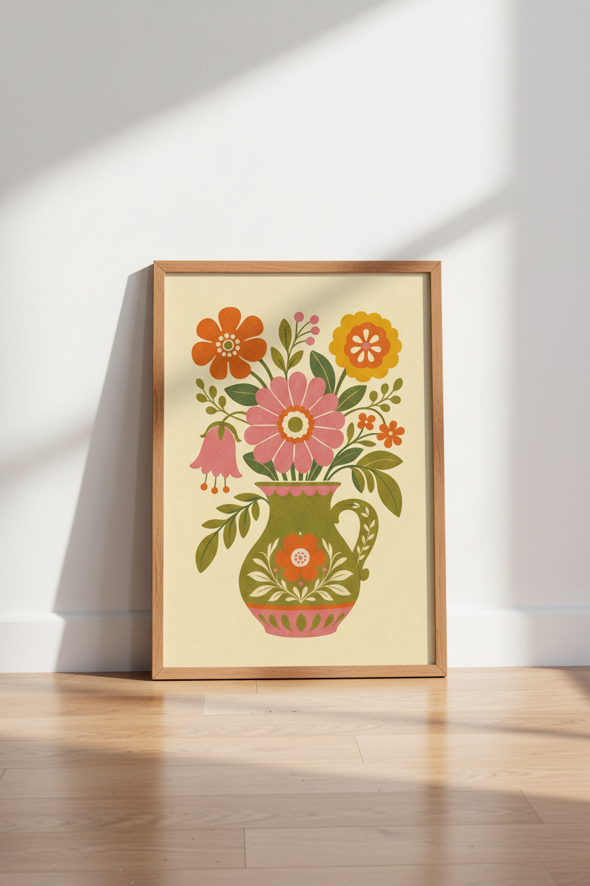 Retro Floral Vase Wall Art | Mid-Century Modern Folk Poster, Boho Kitchen Decor