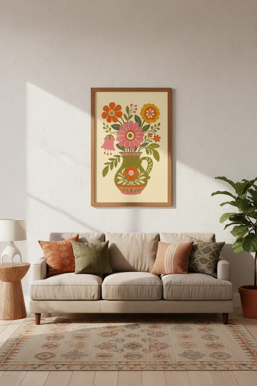 Retro Floral Vase Wall Art | Mid-Century Modern Folk Poster, Boho Kitchen Decor