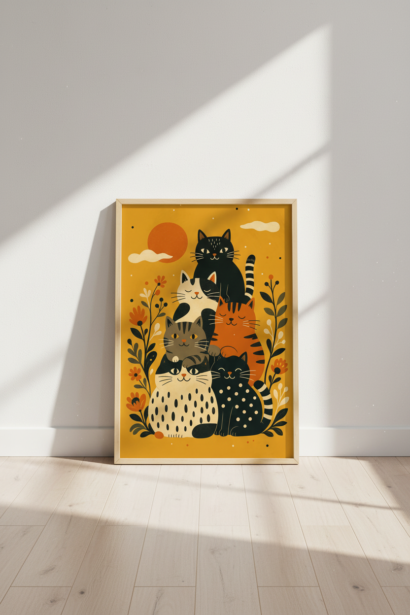 Mid Century Modern Cat Stack Wall Art | Boho Folk Art Poster | Whimsical Nursery Decor
