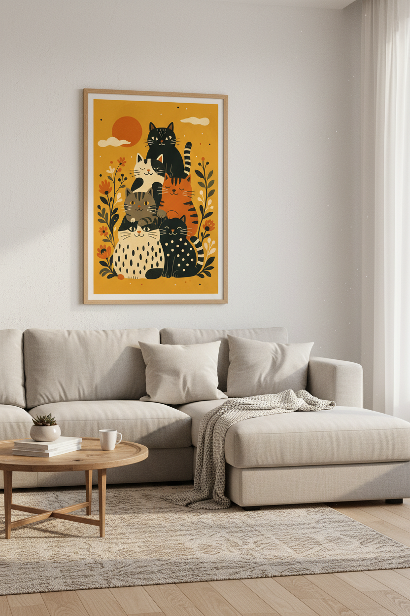 Mid Century Modern Cat Stack Wall Art | Boho Folk Art Poster | Whimsical Nursery Decor