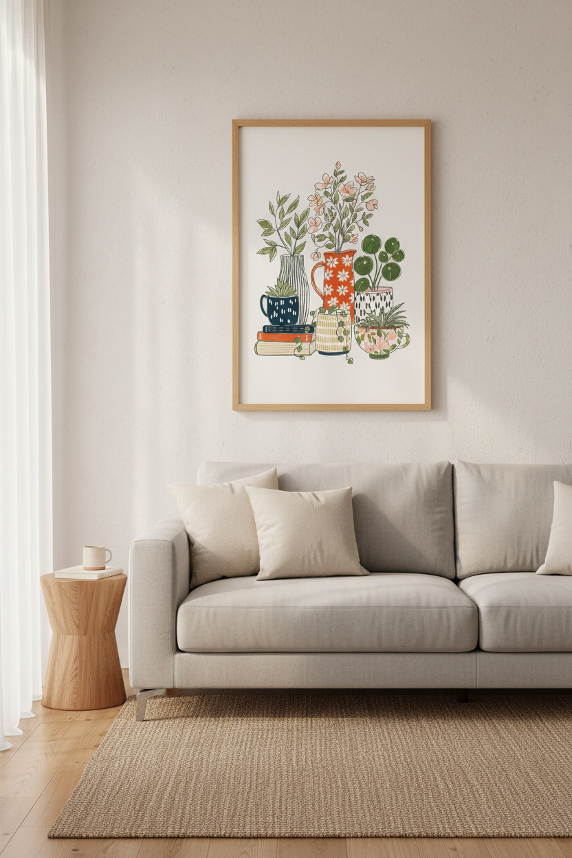 Potted Plants Illustration | Botanical Boho Floral Art | Living Room Decor Poster