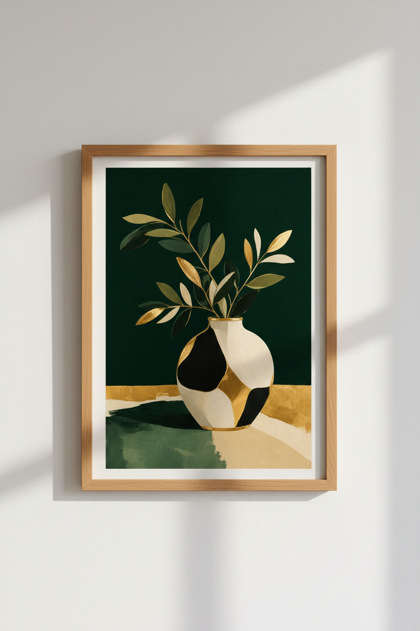 Botanical wall art print | Emerald Gold Vase Decor | Modern Poster