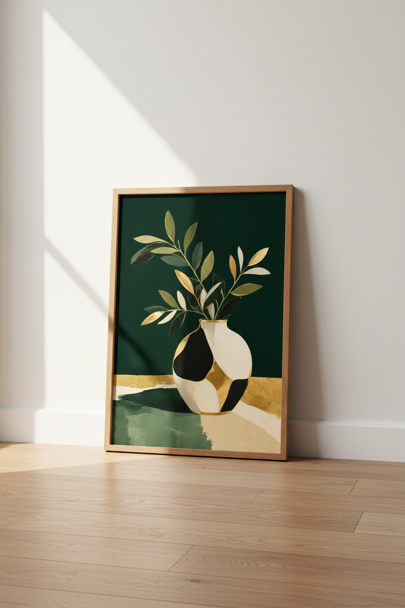 Botanical wall art print | Emerald Gold Vase Decor | Modern Poster