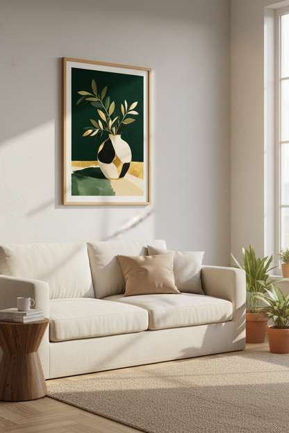 Botanical wall art print | Emerald Gold Vase Decor | Modern Poster