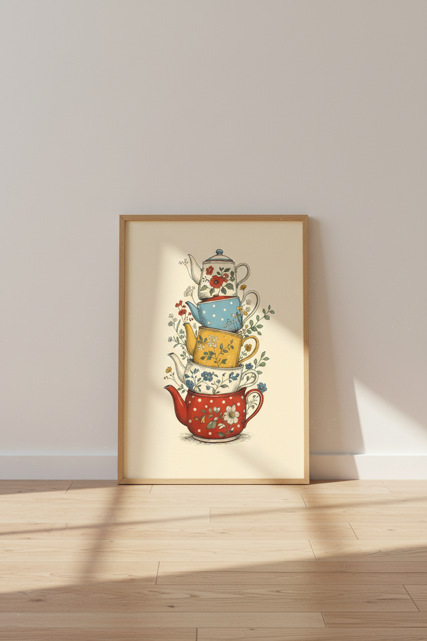 Vintage Teapot Stack Wall Art Print | Kitchen Gallery Decor | Cottagecore Poster