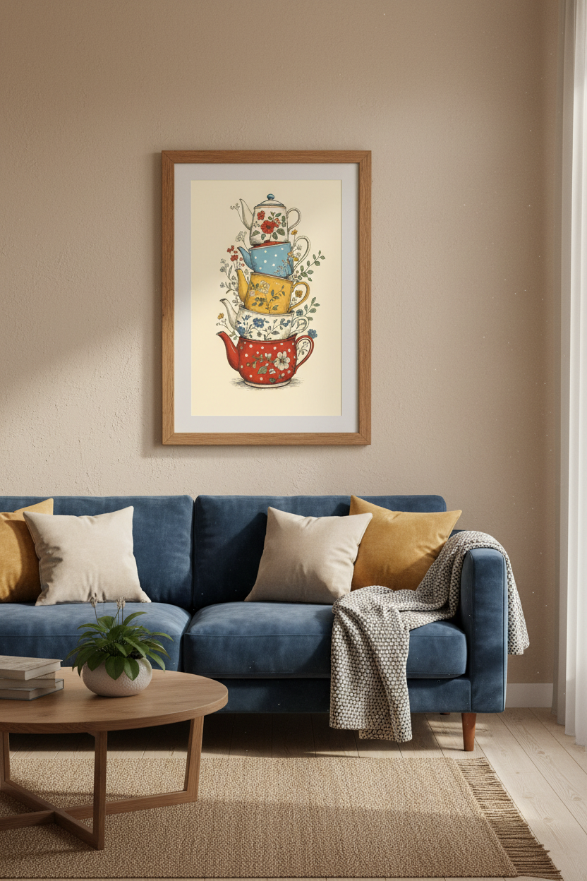 Vintage Teapot Stack Wall Art Print | Kitchen Gallery Decor | Cottagecore Poster