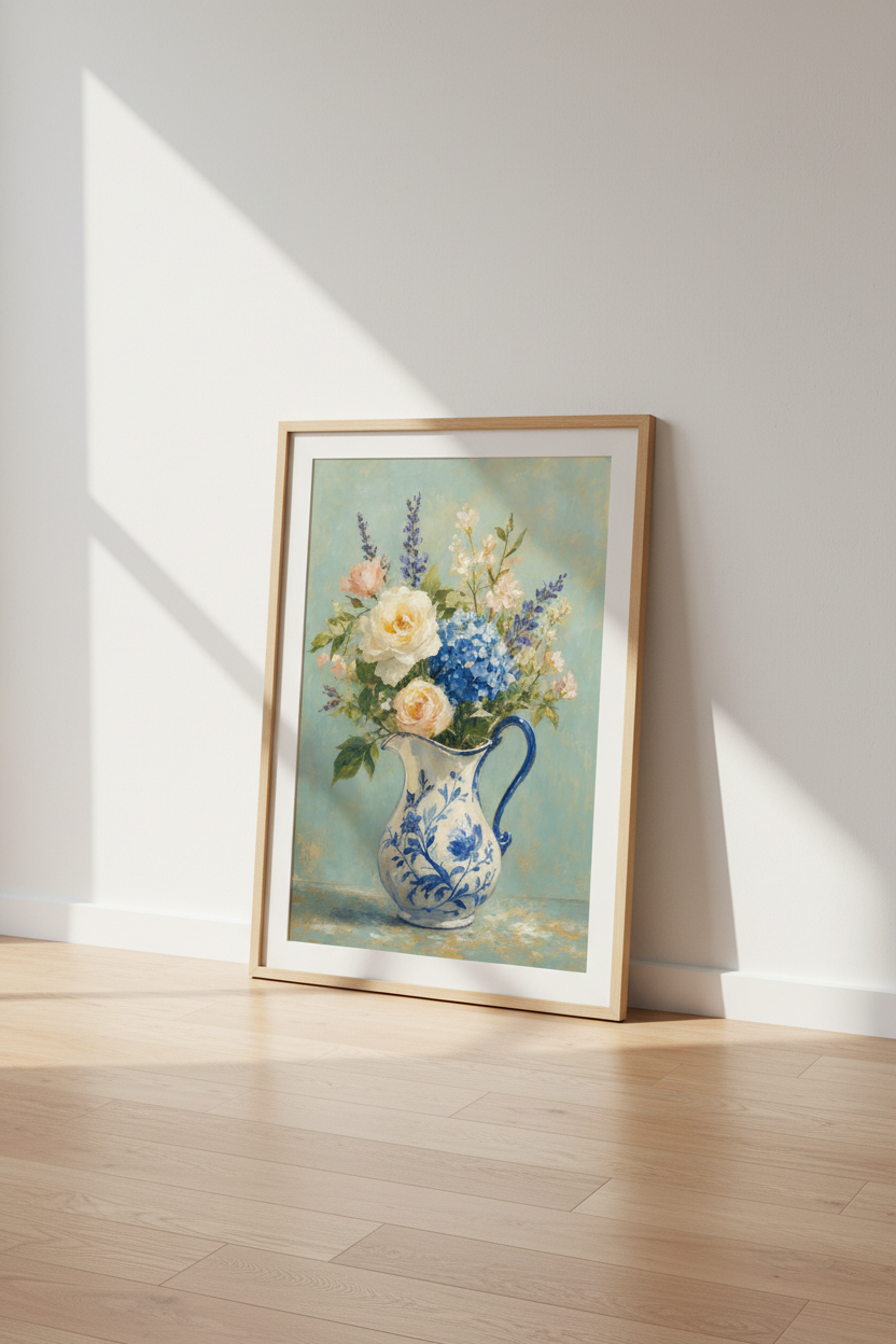 Floral Vase Wall Art | Blue and White Chinoiserie Print, Vintage Cottage Decor