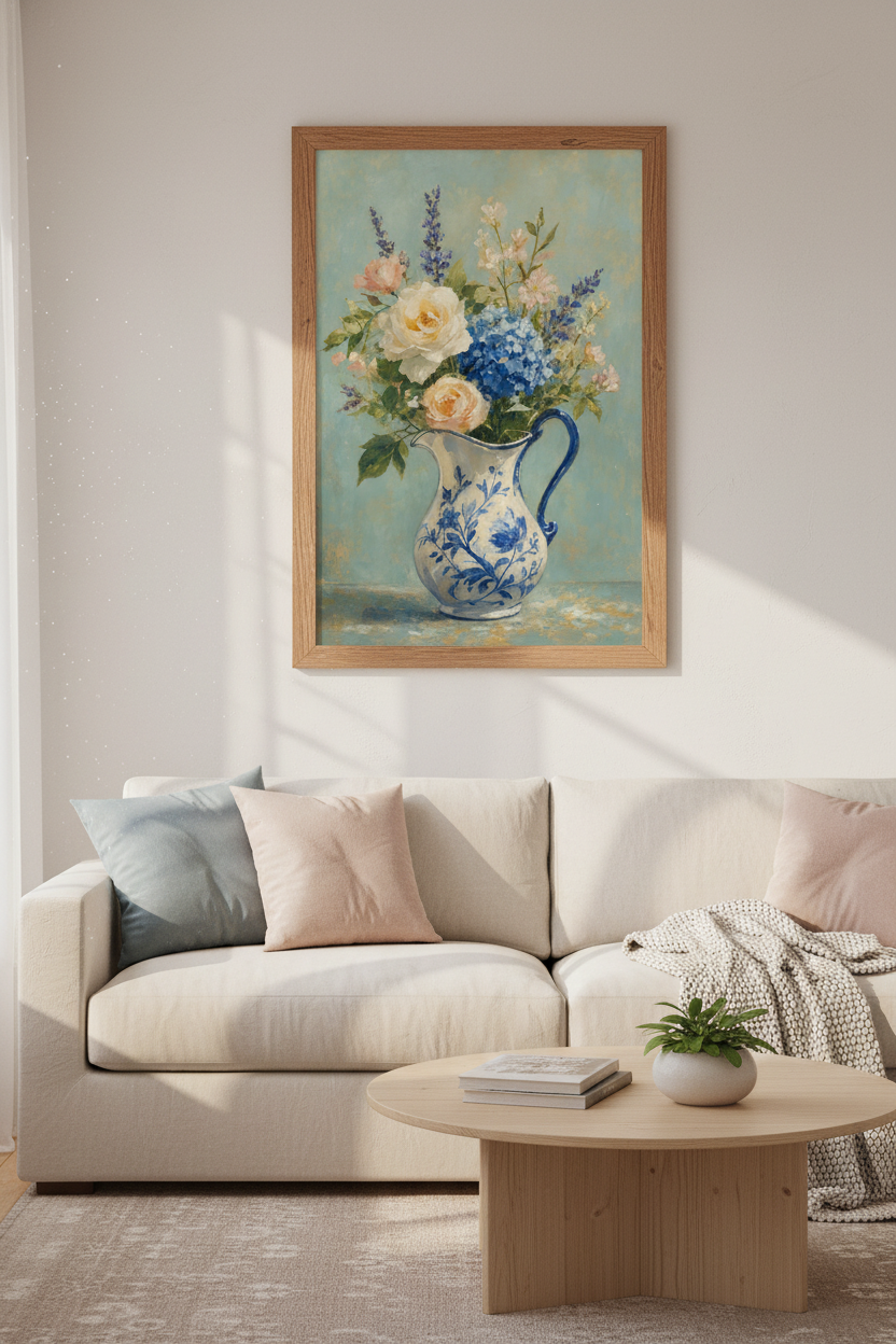 Floral Vase Wall Art | Blue and White Chinoiserie Print, Vintage Cottage Decor