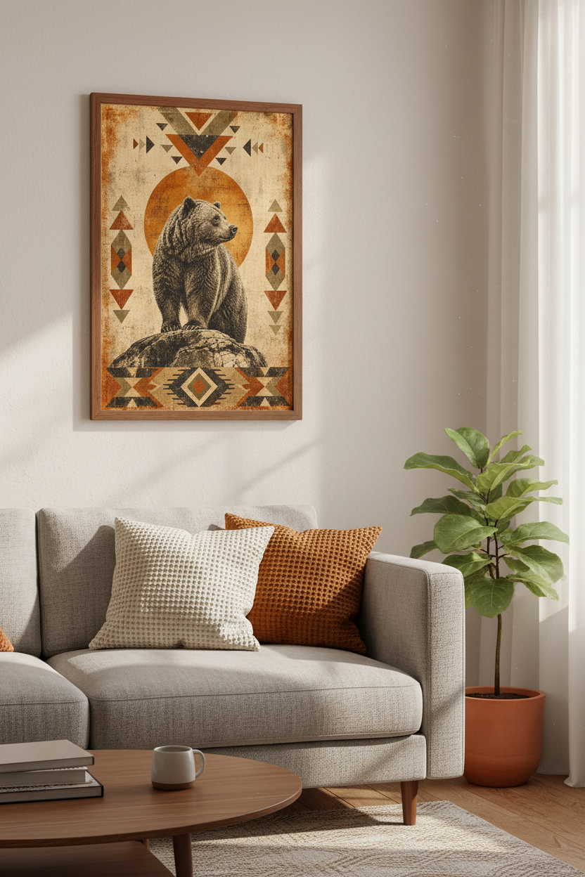 Rustic Grizzly Bear Wall Art | Southwest Geometric Poster, Cabin Decor