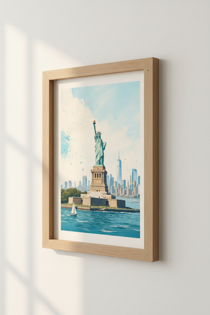 Statue of Liberty NYC Wall Art | Modern Blue Cityscape | New York Poster