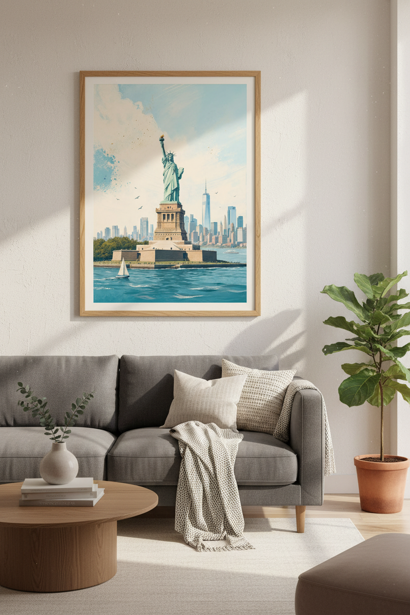 Statue of Liberty NYC Wall Art | Modern Blue Cityscape | New York Poster
