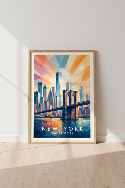 New York City Skyline Art | Geometric Brooklyn Bridge Poster, Modern Travel Decor