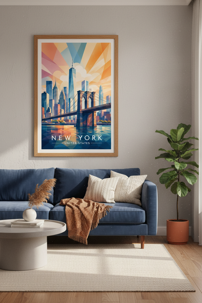 New York City Skyline Art | Geometric Brooklyn Bridge Poster, Modern Travel Decor