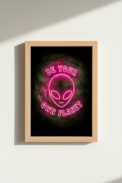 Alien Neon Wall Art Print | Pink Space Decor | Retro Cyberpunk Poster