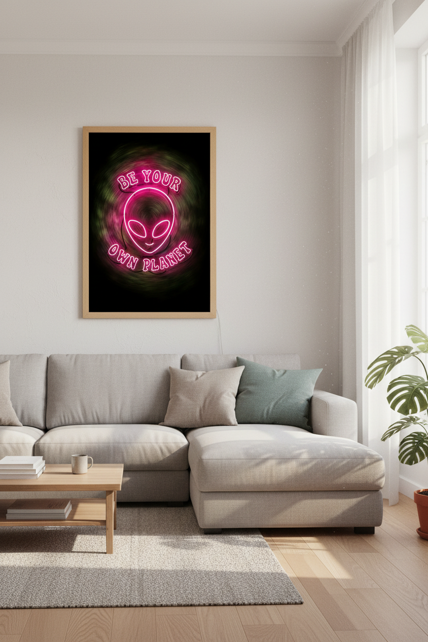 Alien Neon Wall Art Print | Pink Space Decor | Retro Cyberpunk Poster