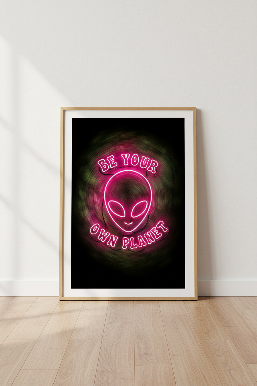 Alien Neon Wall Art Print | Pink Space Decor | Retro Cyberpunk Poster