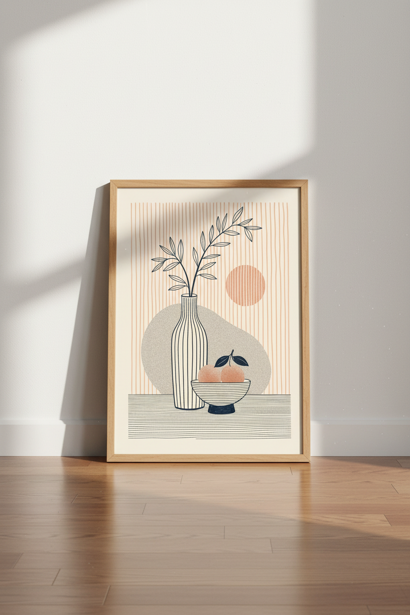 Japandi Botanical Still Life | Minimalist Terracotta Sun, Modern Kitchen Wall Art