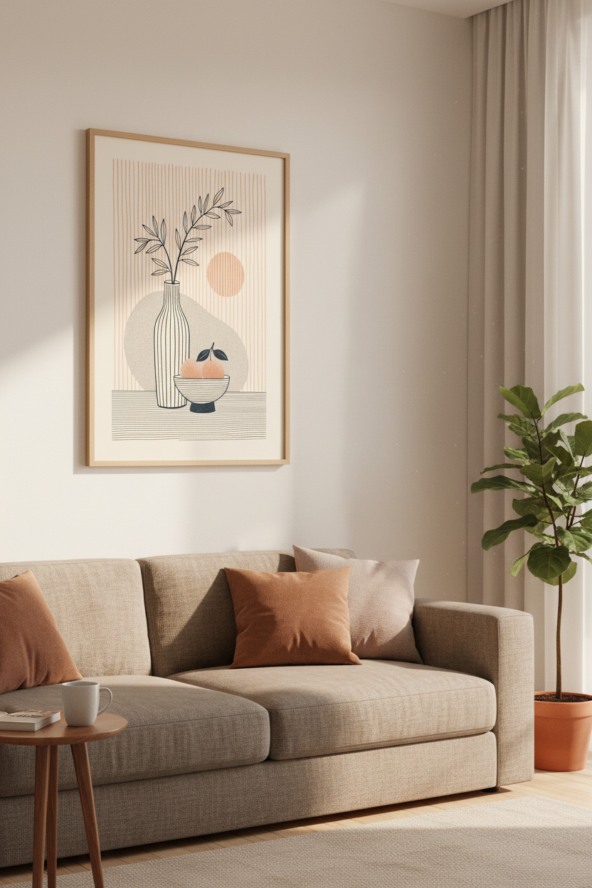 Japandi Botanical Still Life | Minimalist Terracotta Sun, Modern Kitchen Wall Art