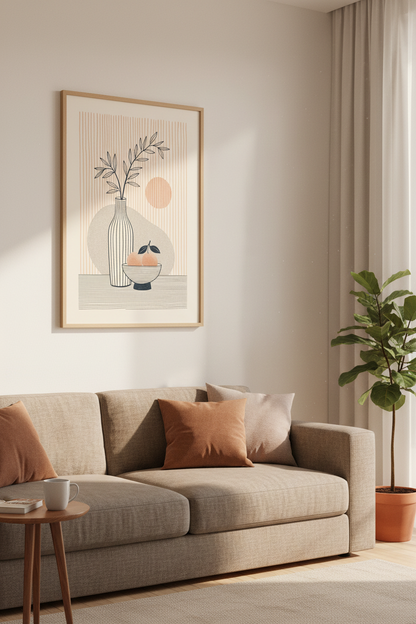 Japandi Botanical Still Life | Minimalist Terracotta Sun, Modern Kitchen Wall Art