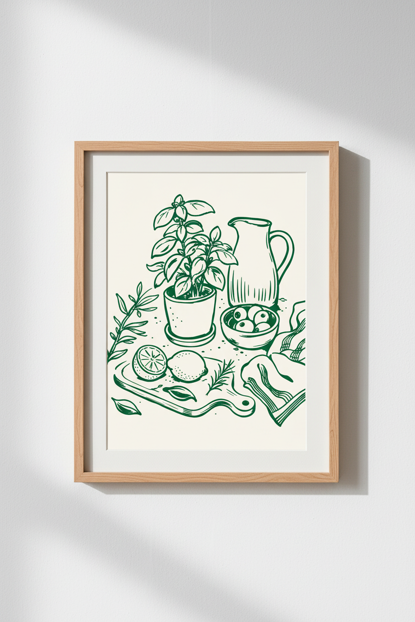 Botanical Wall Art | Minimalist Green Sketch, Kitchen Decor | Poster