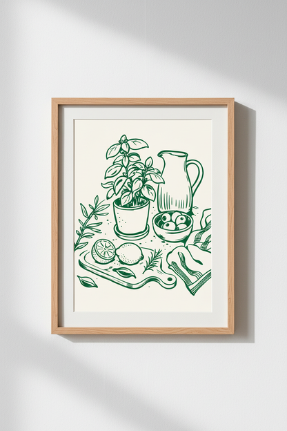 Botanical Wall Art | Minimalist Green Sketch, Kitchen Decor | Poster