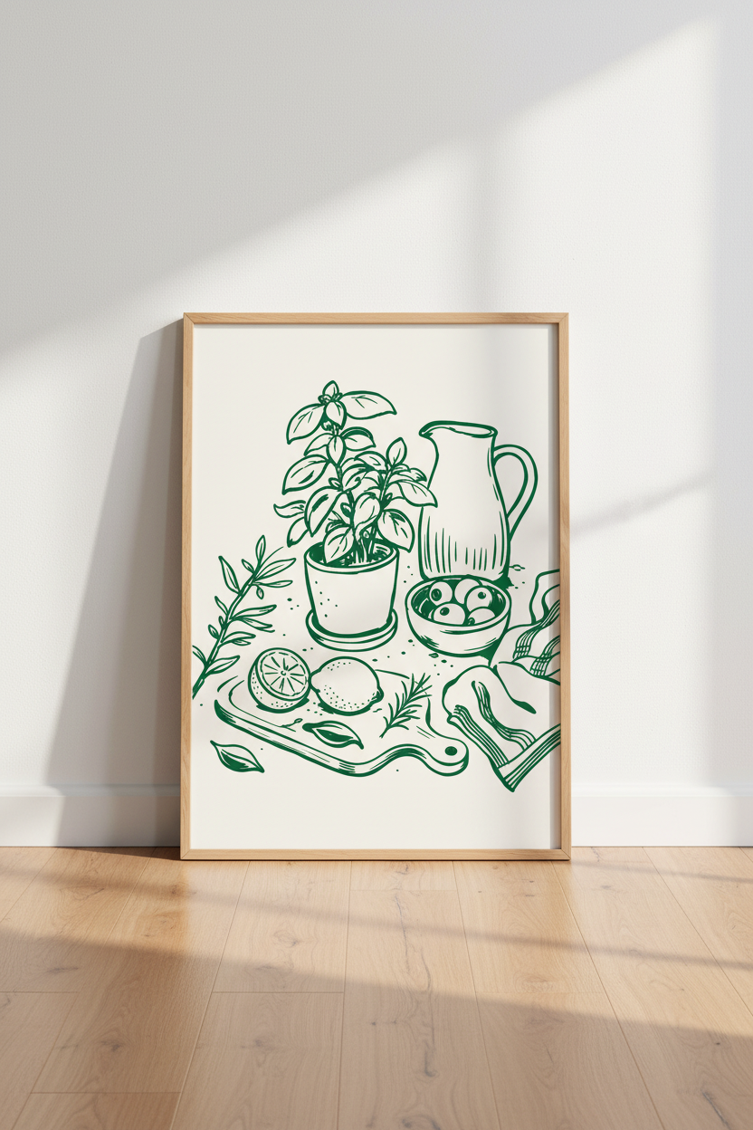 Botanical Wall Art | Minimalist Green Sketch, Kitchen Decor | Poster