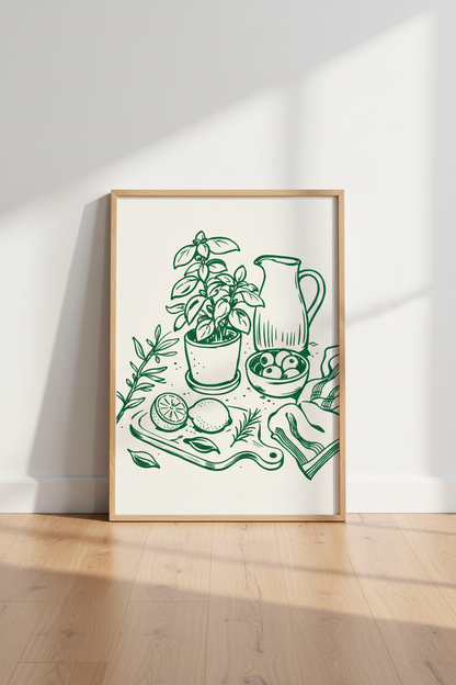 Botanical Wall Art | Minimalist Green Sketch, Kitchen Decor | Poster