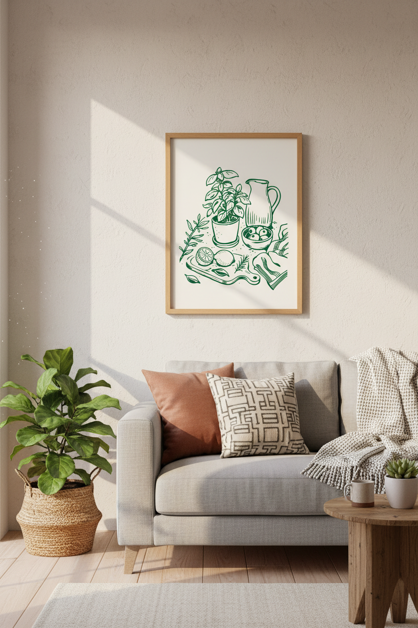 Botanical Wall Art | Minimalist Green Sketch, Kitchen Decor | Poster