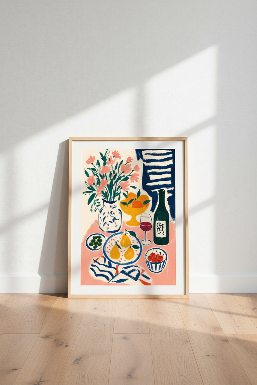 Mediterranean Still Life Art | Colorful Fruit &amp; Wine Print, Kitchen Dining Decor