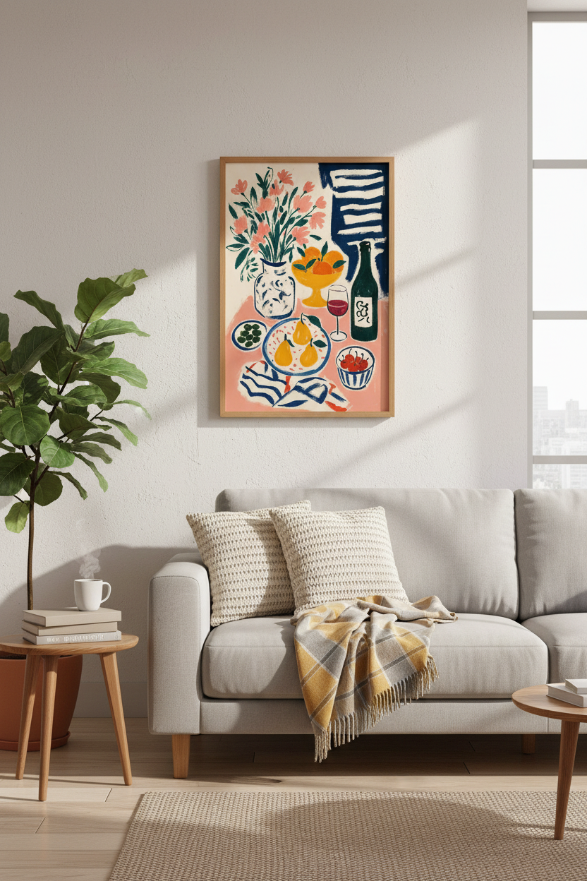 Mediterranean Still Life Art | Colorful Fruit &amp; Wine Print, Kitchen Dining Decor