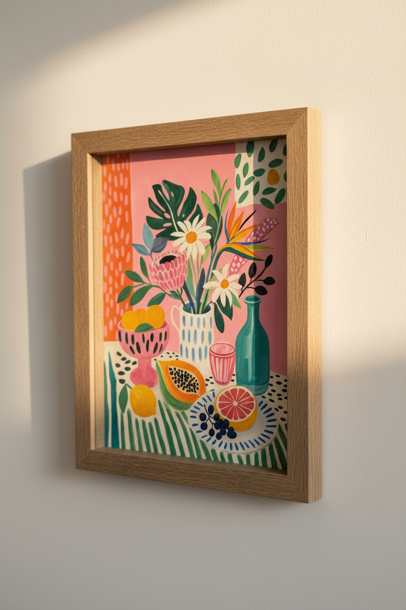 Tropical Still Life | Floral &amp; Fruit Pink Poster, Kitchen &amp; Dining Room Decor