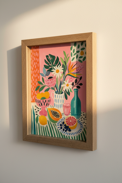 Tropical Still Life | Floral &amp; Fruit Pink Poster, Kitchen &amp; Dining Room Decor