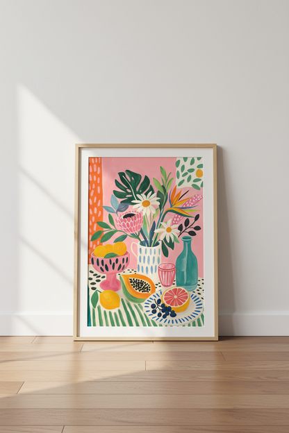 Tropical Still Life | Floral &amp; Fruit Pink Poster, Kitchen &amp; Dining Room Decor
