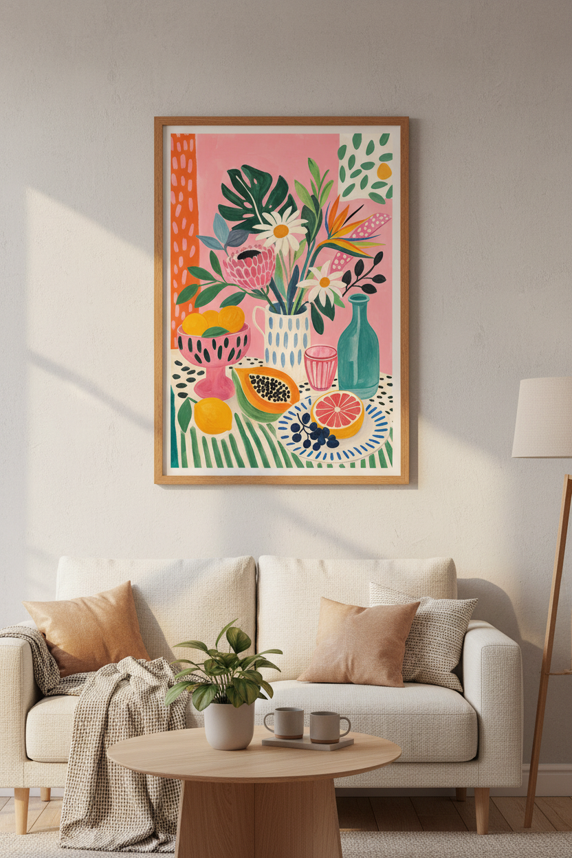 Tropical Still Life | Floral &amp; Fruit Pink Poster, Kitchen &amp; Dining Room Decor
