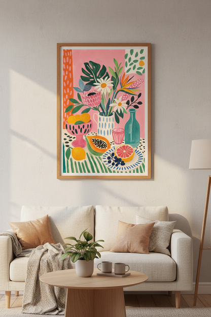 Tropical Still Life | Floral &amp; Fruit Pink Poster, Kitchen &amp; Dining Room Decor