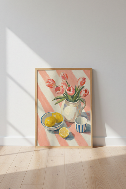 Pink Tulips and Lemons Still Life Wall Art | Kitchen Floral Decor | Pastel Coastal Poster